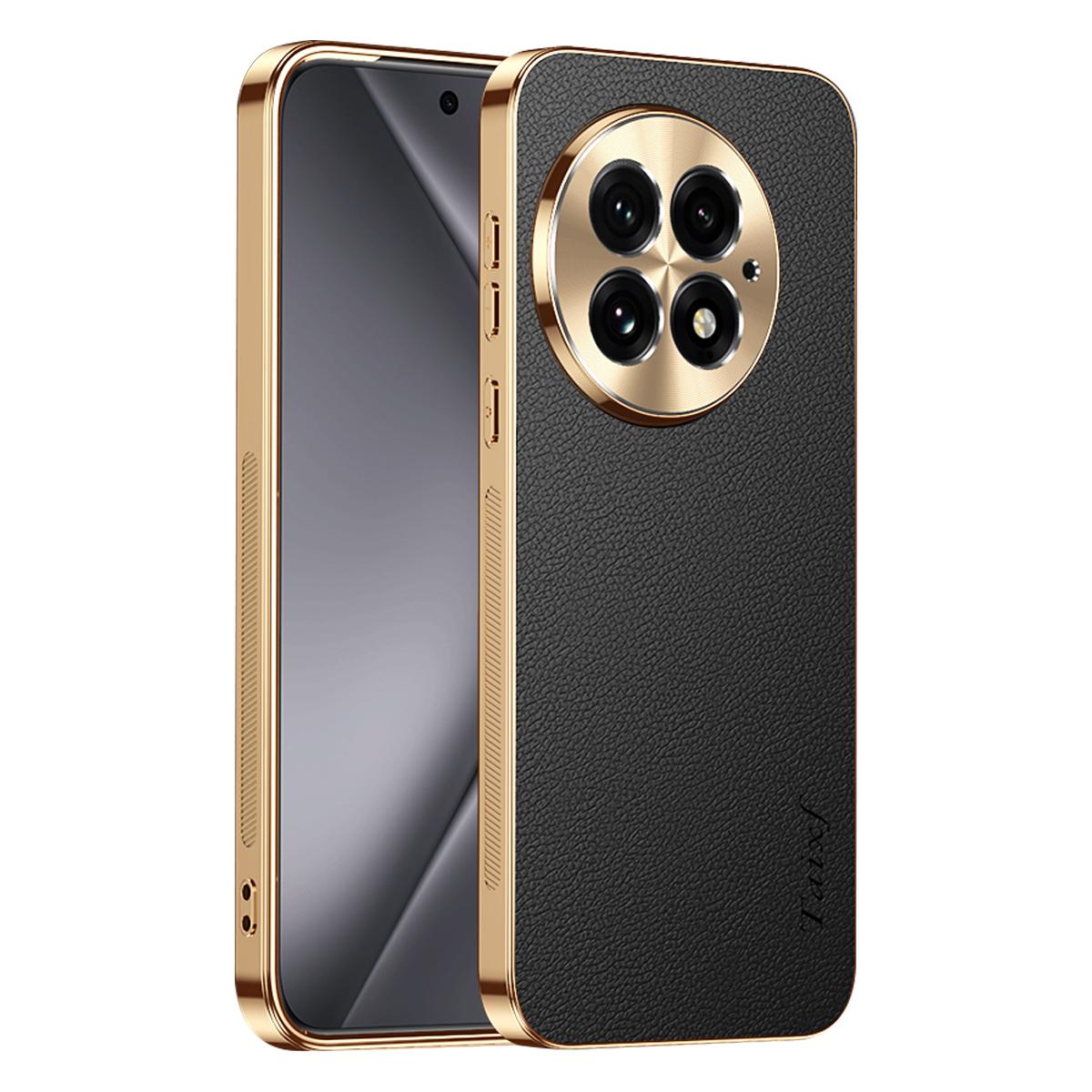 For OnePlus 13 Electroplated Frame Litchi Texture PC + TPU Vegan Leather Phone Case - Black - EDA009676701A