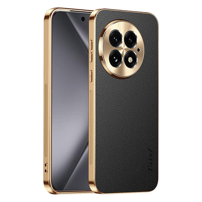 For OnePlus 13 Electroplated Frame Litchi Texture PC + TPU Vegan Leather Phone Case - Black - EDA009676701A