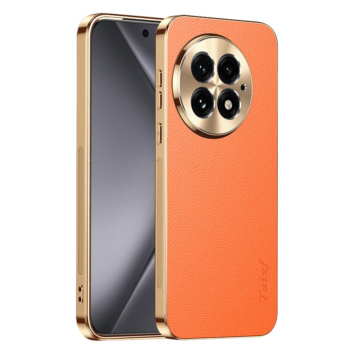 For OnePlus 13 Electroplated Frame Litchi Texture PC + TPU Vegan Leather Phone Case - Orange - EDA009676701B