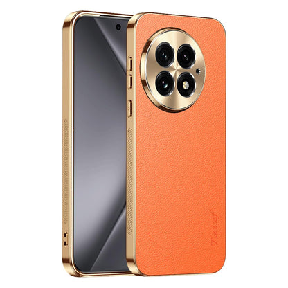 For OnePlus 13 Electroplated Frame Litchi Texture PC + TPU Vegan Leather Phone Case - Orange - EDA009676701B