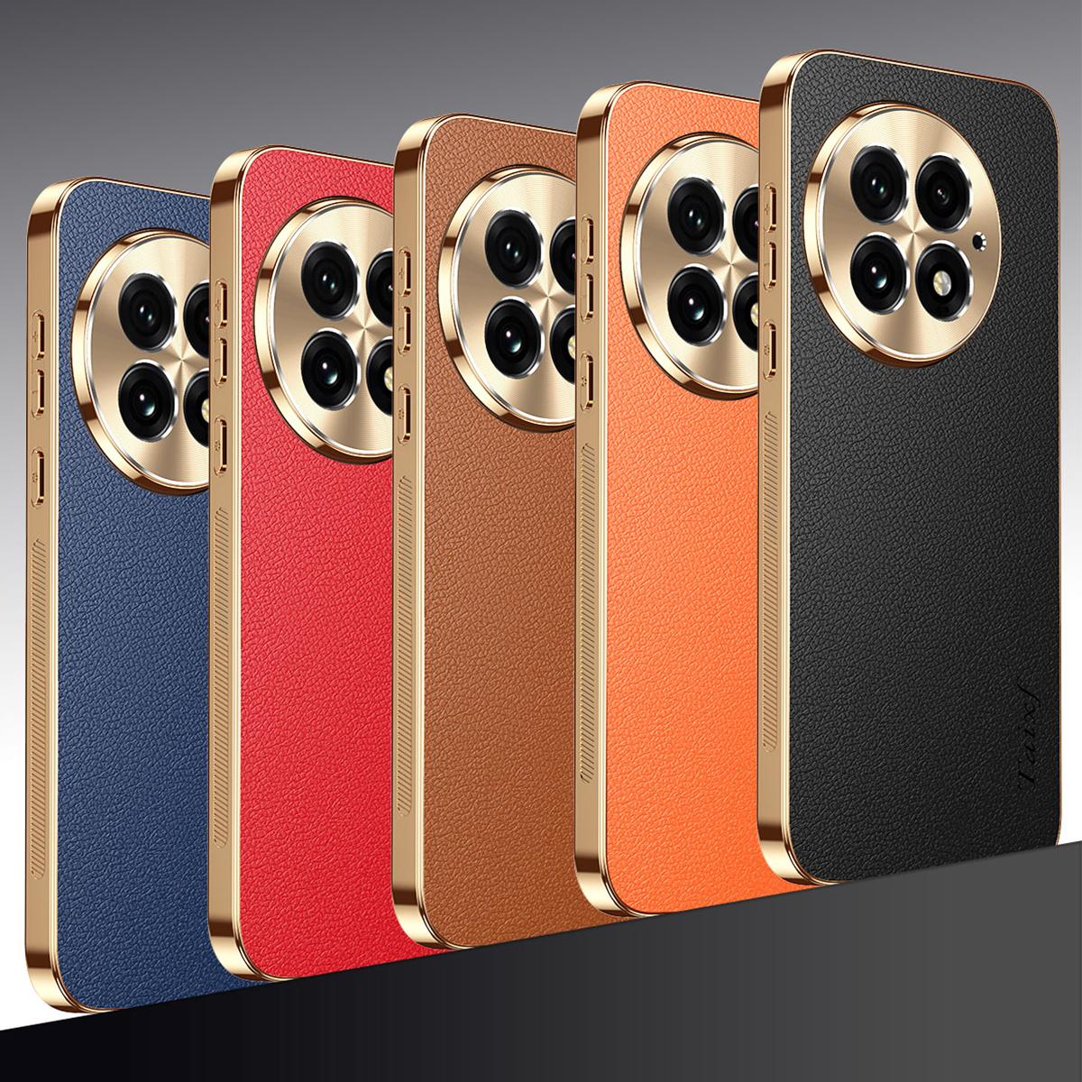 For OnePlus 13 Electroplated Frame Litchi Texture PC + TPU Vegan Leather Phone Case - Orange - EDA009676701B