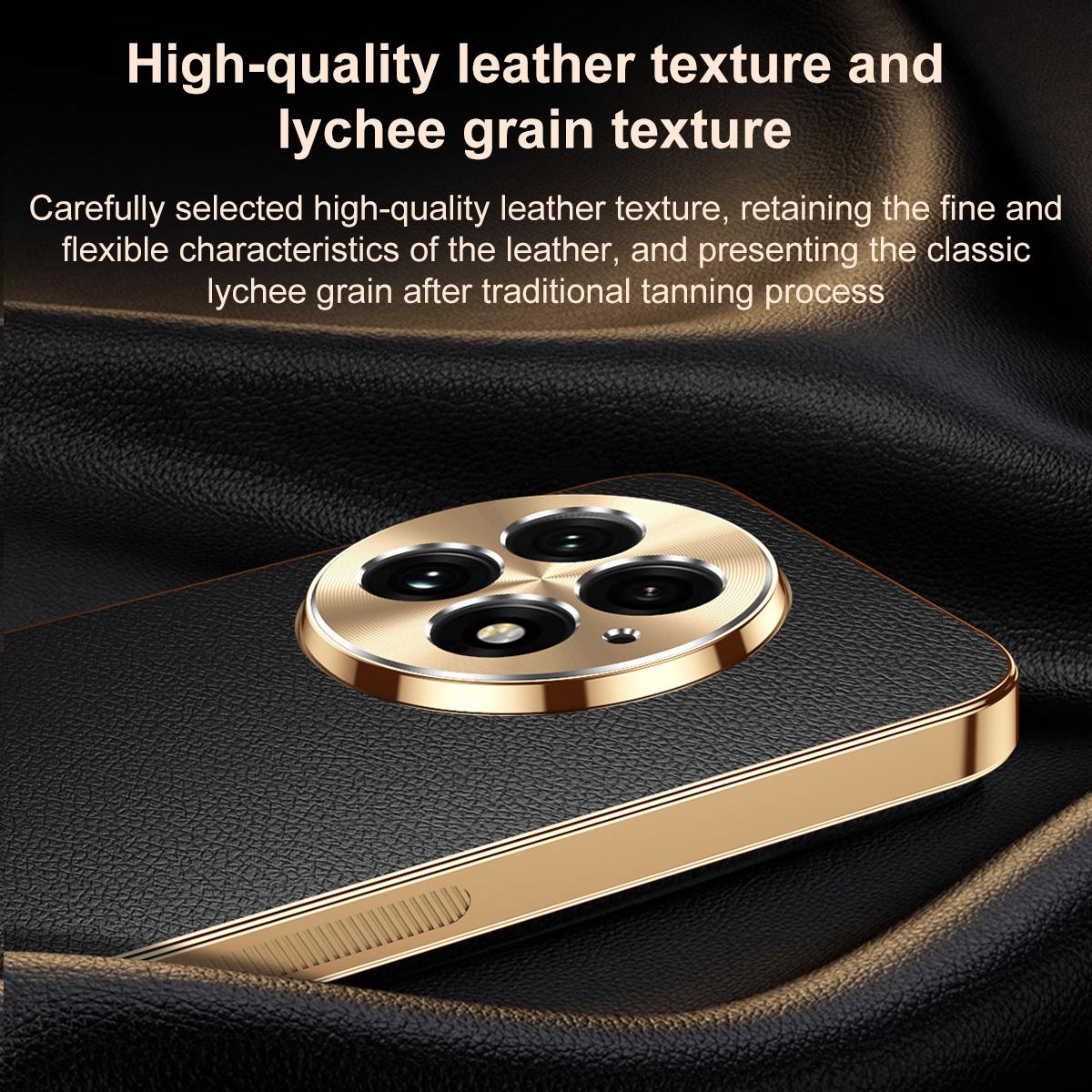 For OnePlus 13 Electroplated Frame Litchi Texture PC + TPU Vegan Leather Phone Case - Orange - EDA009676701B