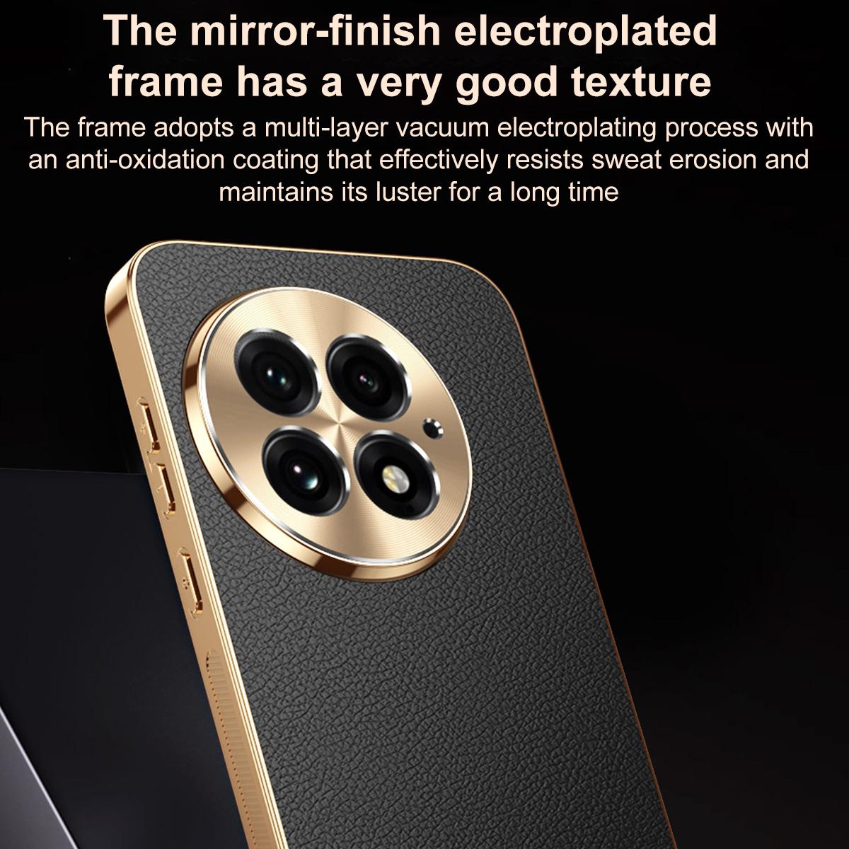 For OnePlus 13 Electroplated Frame Litchi Texture PC + TPU Vegan Leather Phone Case - Orange - EDA009676701B