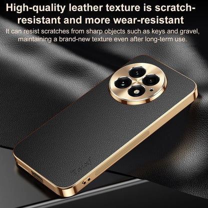 For OnePlus 13 Electroplated Frame Litchi Texture PC + TPU Vegan Leather Phone Case - Orange - EDA009676701B