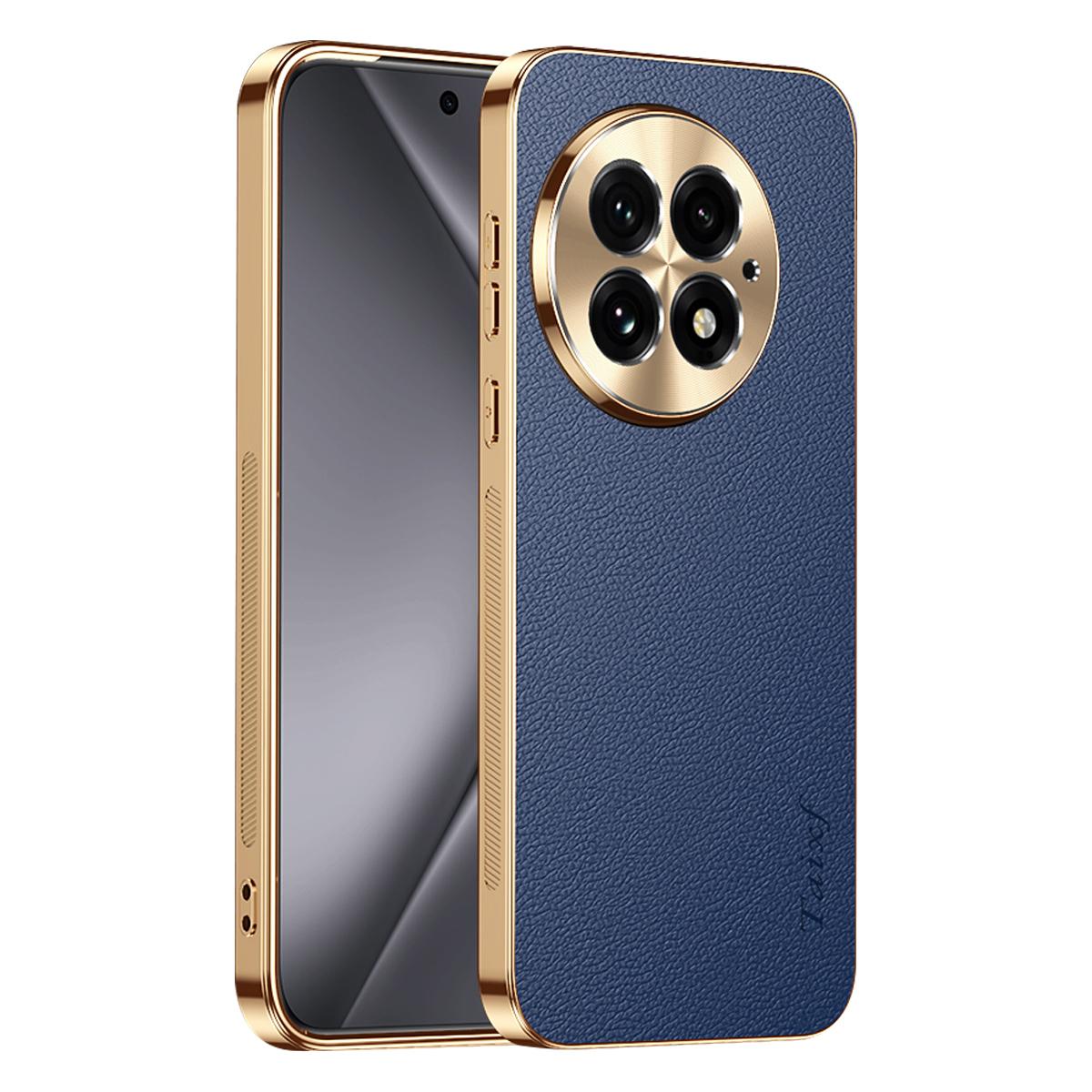 For OnePlus 13 Electroplated Frame Litchi Texture PC + TPU Vegan Leather Phone Case - Blue - EDA009676701C