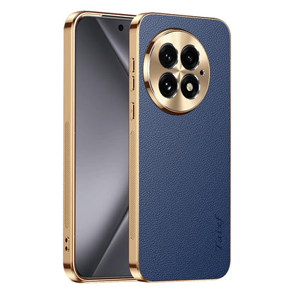 For OnePlus 13 Electroplated Frame Litchi Texture PC + TPU Vegan Leather Phone Case - Blue - EDA009676701C