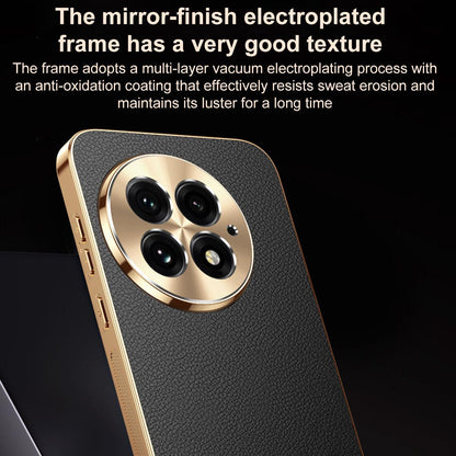 For OnePlus 13 Electroplated Frame Litchi Texture PC + TPU Vegan Leather Phone Case - Blue - EDA009676701C