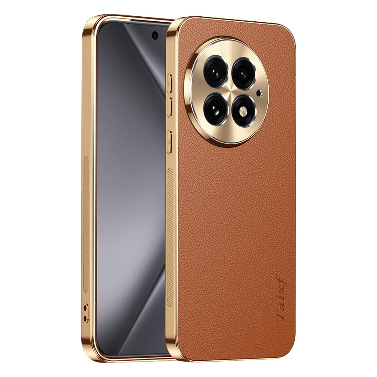 For OnePlus 13 Electroplated Frame Litchi Texture PC + TPU Vegan Leather Phone Case - Brown - EDA009676701E
