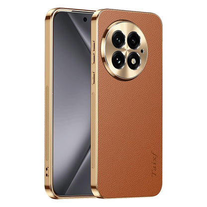 For OnePlus 13 Electroplated Frame Litchi Texture PC + TPU Vegan Leather Phone Case - Brown - EDA009676701E