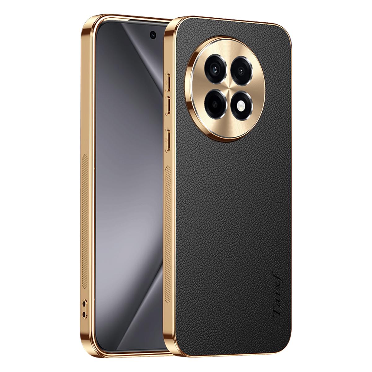 For OnePlus Ace 5 Pro Electroplated Frame Litchi Texture PC + TPU Vegan Leather Phone Case - Black - EDA009676706A