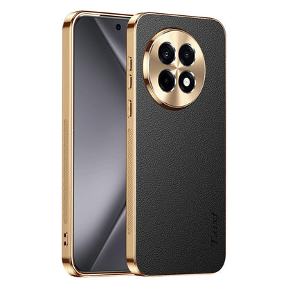 For OnePlus Ace 5 Pro Electroplated Frame Litchi Texture PC + TPU Vegan Leather Phone Case - Black - EDA009676706A