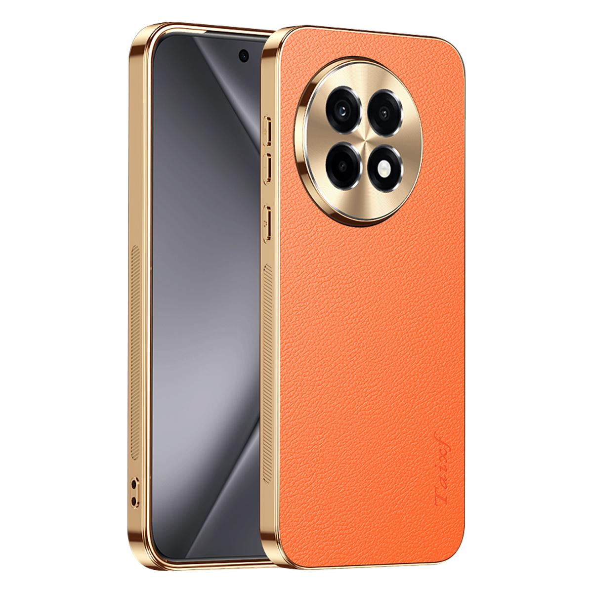 For OnePlus Ace 5 Pro Electroplated Frame Litchi Texture PC + TPU Vegan Leather Phone Case - Orange - EDA009676706B