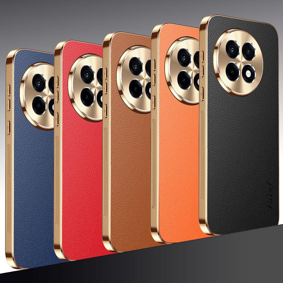 For OnePlus Ace 5 Pro Electroplated Frame Litchi Texture PC + TPU Vegan Leather Phone Case - Orange - EDA009676706B