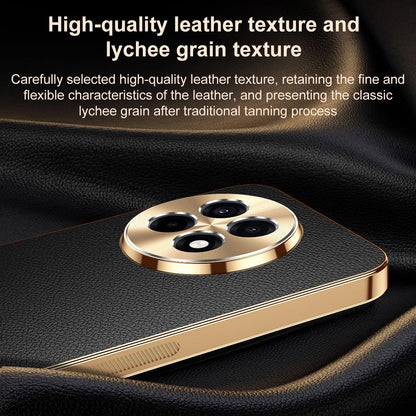 For OnePlus Ace 5 Pro Electroplated Frame Litchi Texture PC + TPU Vegan Leather Phone Case - Orange - EDA009676706B