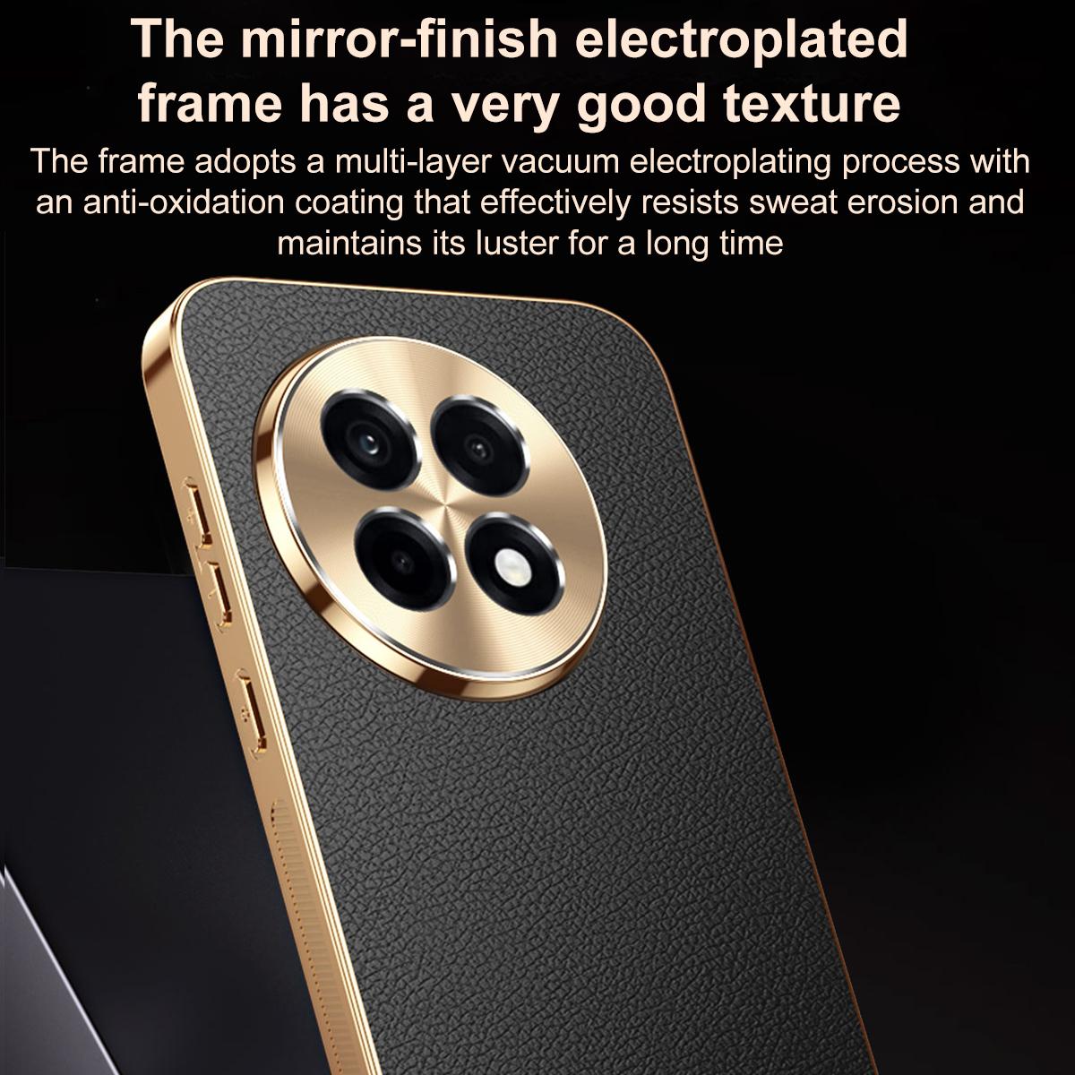 For OnePlus Ace 5 Pro Electroplated Frame Litchi Texture PC + TPU Vegan Leather Phone Case - Orange - EDA009676706B