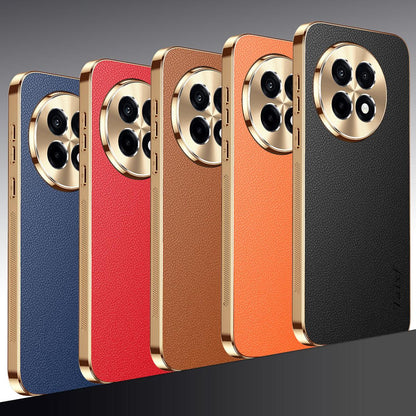 For OnePlus Ace 5 Pro Electroplated Frame Litchi Texture PC + TPU Vegan Leather Phone Case - Red - EDA009676706D