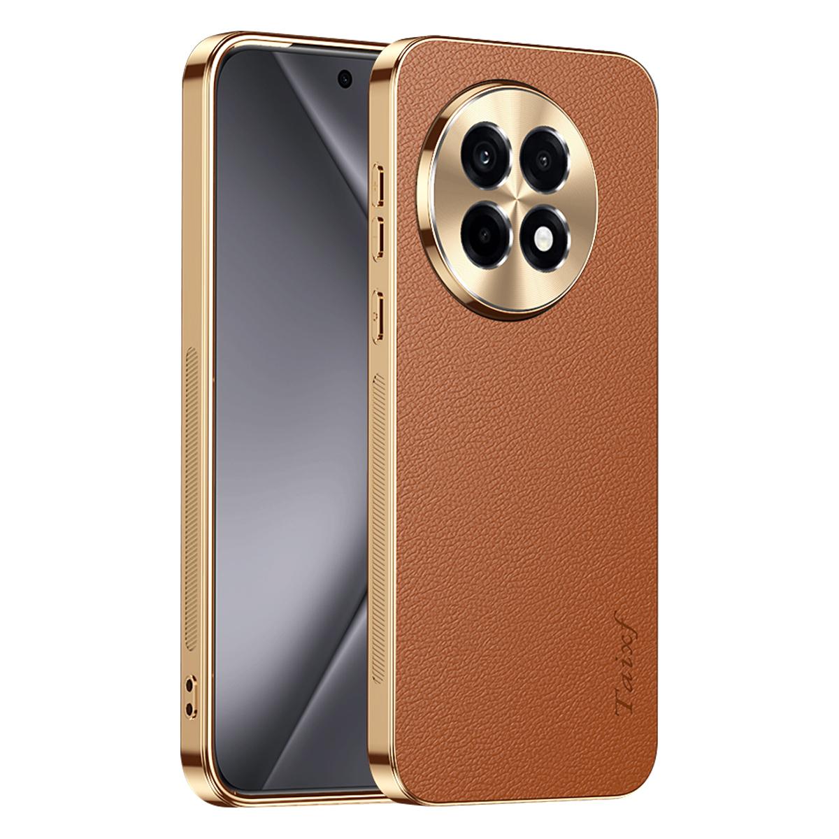 For OnePlus Ace 5 Pro Electroplated Frame Litchi Texture PC + TPU Vegan Leather Phone Case - Brown - EDA009676706E