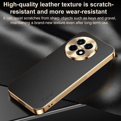 For OnePlus Ace 5 Pro Electroplated Frame Litchi Texture PC + TPU Vegan Leather Phone Case - Brown - EDA009676706E