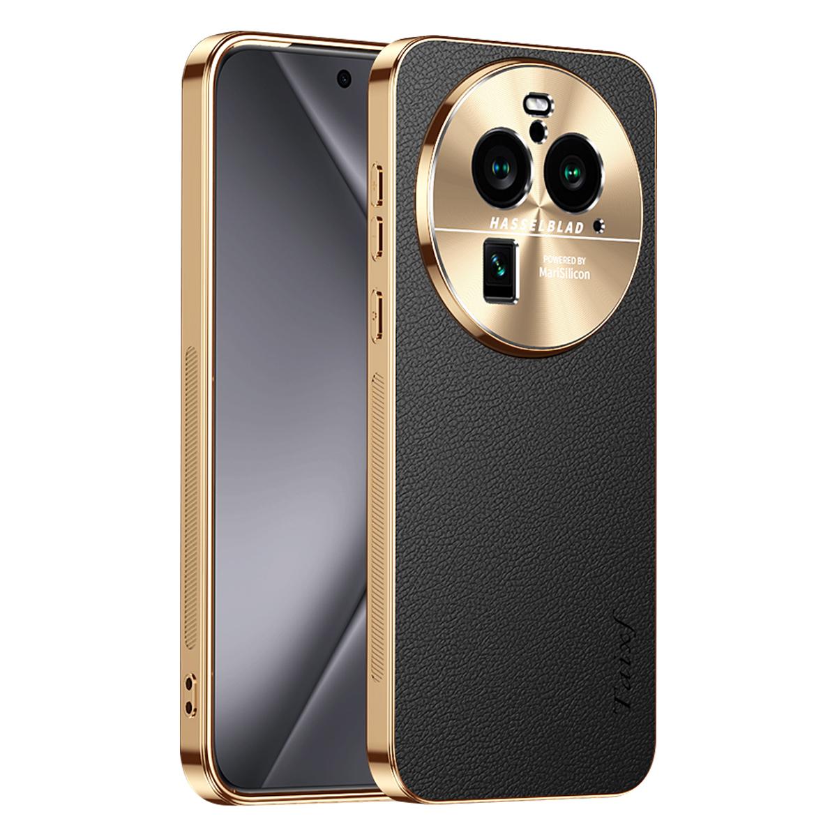 For OPPO Find X6 Pro Electroplated Frame Litchi Texture PC + TPU Vegan Leather Phone Case - Black - EDA009677002A