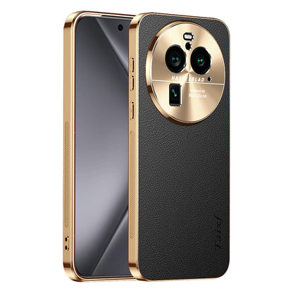 For OPPO Find X6 Pro Electroplated Frame Litchi Texture PC + TPU Vegan Leather Phone Case - Black - EDA009677002A