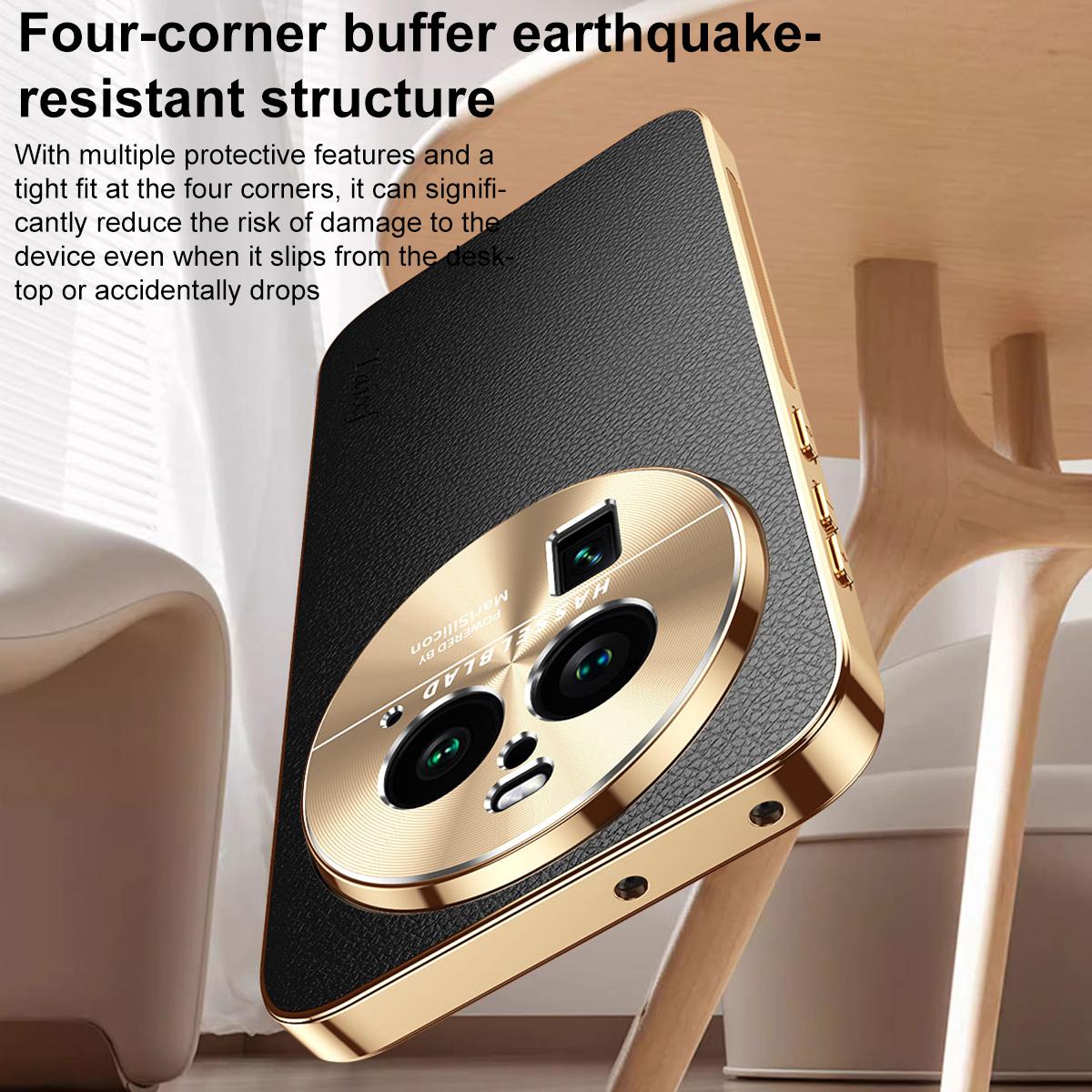 For OPPO Find X6 Pro Electroplated Frame Litchi Texture PC + TPU Vegan Leather Phone Case - Black - EDA009677002A