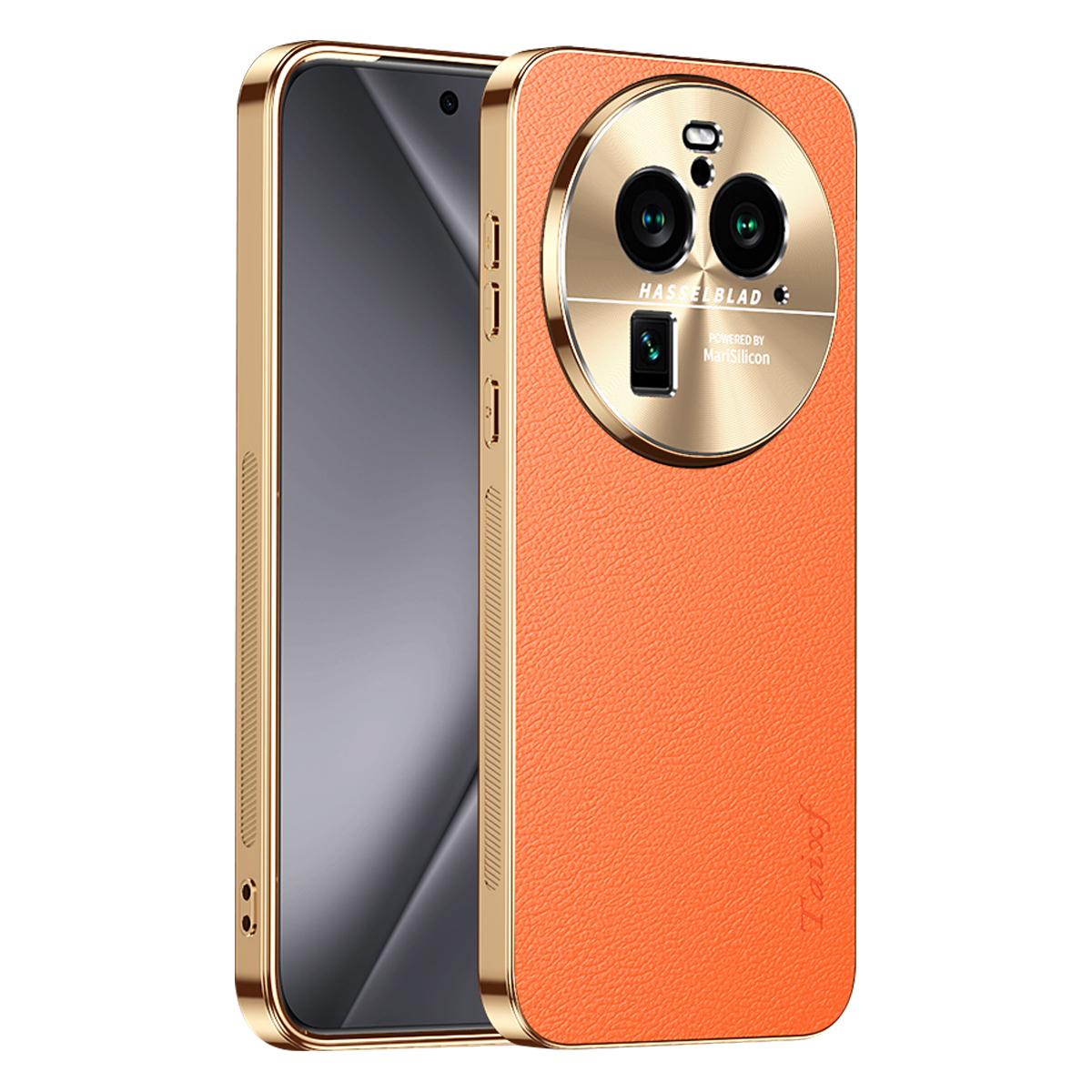 For OPPO Find X6 Pro Electroplated Frame Litchi Texture PC + TPU Vegan Leather Phone Case - Orange - EDA009677002B
