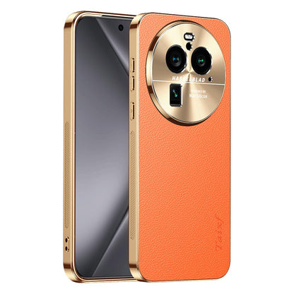 For OPPO Find X6 Pro Electroplated Frame Litchi Texture PC + TPU Vegan Leather Phone Case - Orange - EDA009677002B