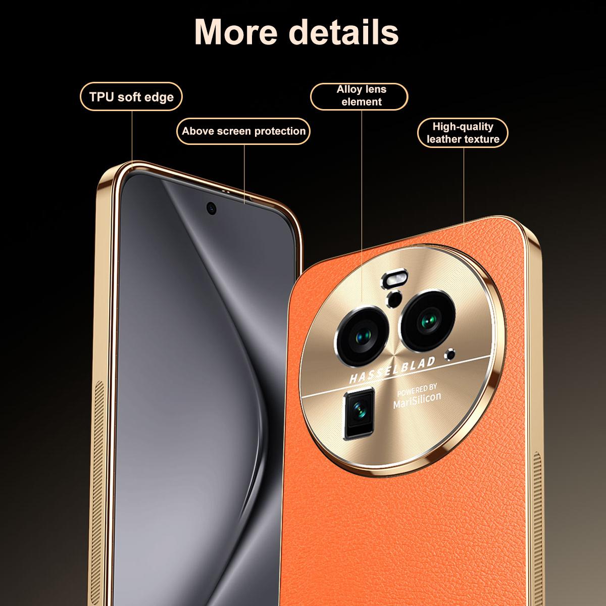 For OPPO Find X6 Pro Electroplated Frame Litchi Texture PC + TPU Vegan Leather Phone Case - Orange - EDA009677002B