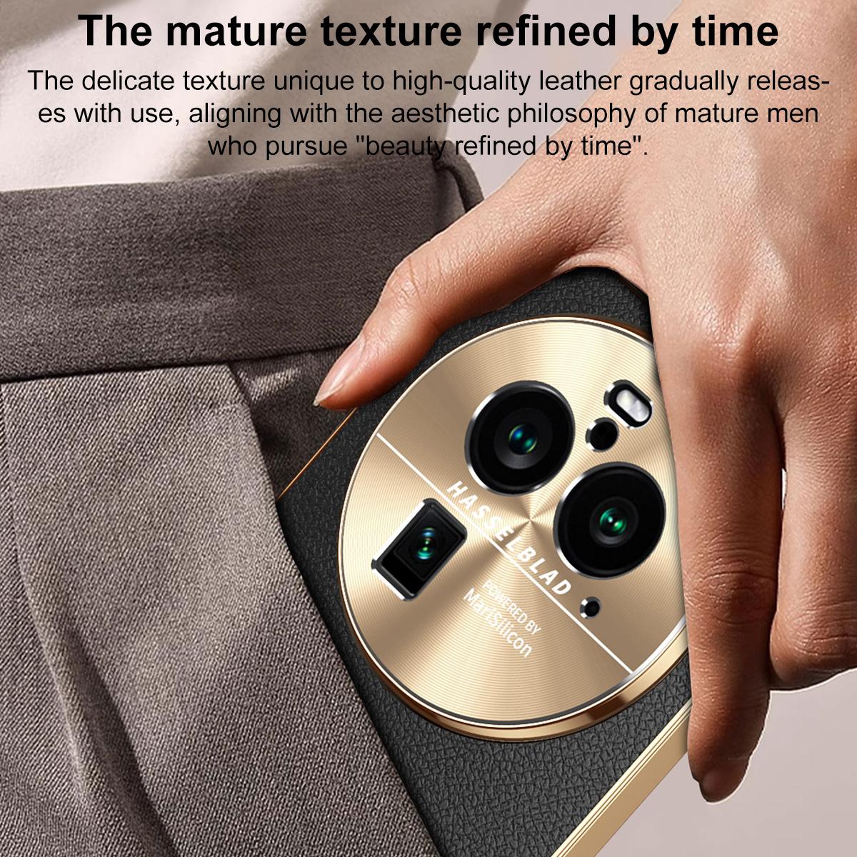 For OPPO Find X6 Pro Electroplated Frame Litchi Texture PC + TPU Vegan Leather Phone Case - Orange - EDA009677002B