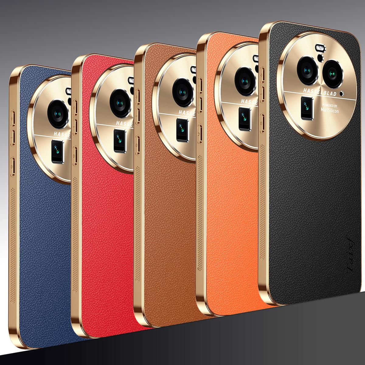 For OPPO Find X6 Pro Electroplated Frame Litchi Texture PC + TPU Vegan Leather Phone Case - Blue - EDA009677002C