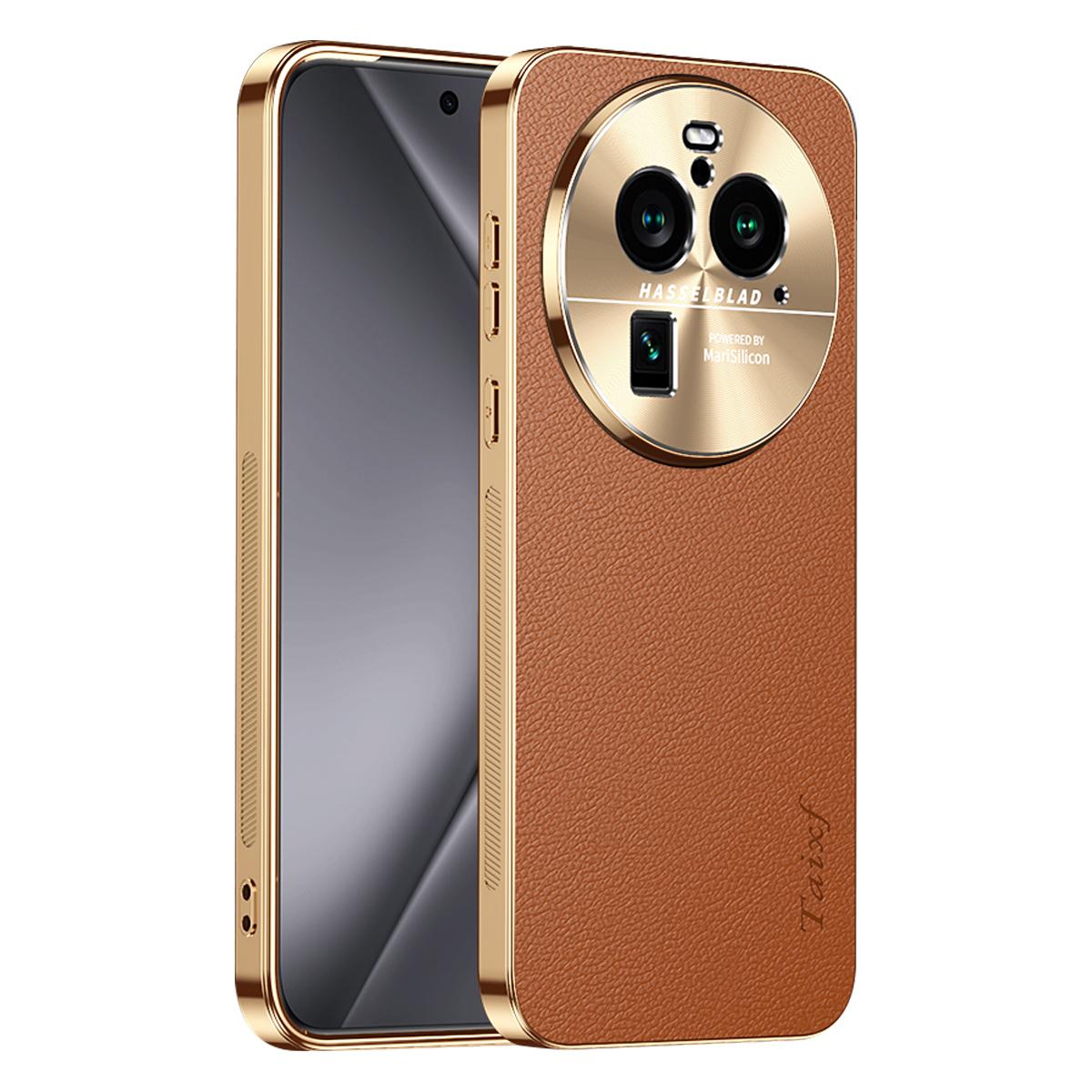 For OPPO Find X6 Pro Electroplated Frame Litchi Texture PC + TPU Vegan Leather Phone Case - Brown - EDA009677002E