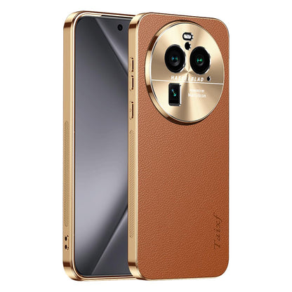 For OPPO Find X6 Pro Electroplated Frame Litchi Texture PC + TPU Vegan Leather Phone Case - Brown - EDA009677002E