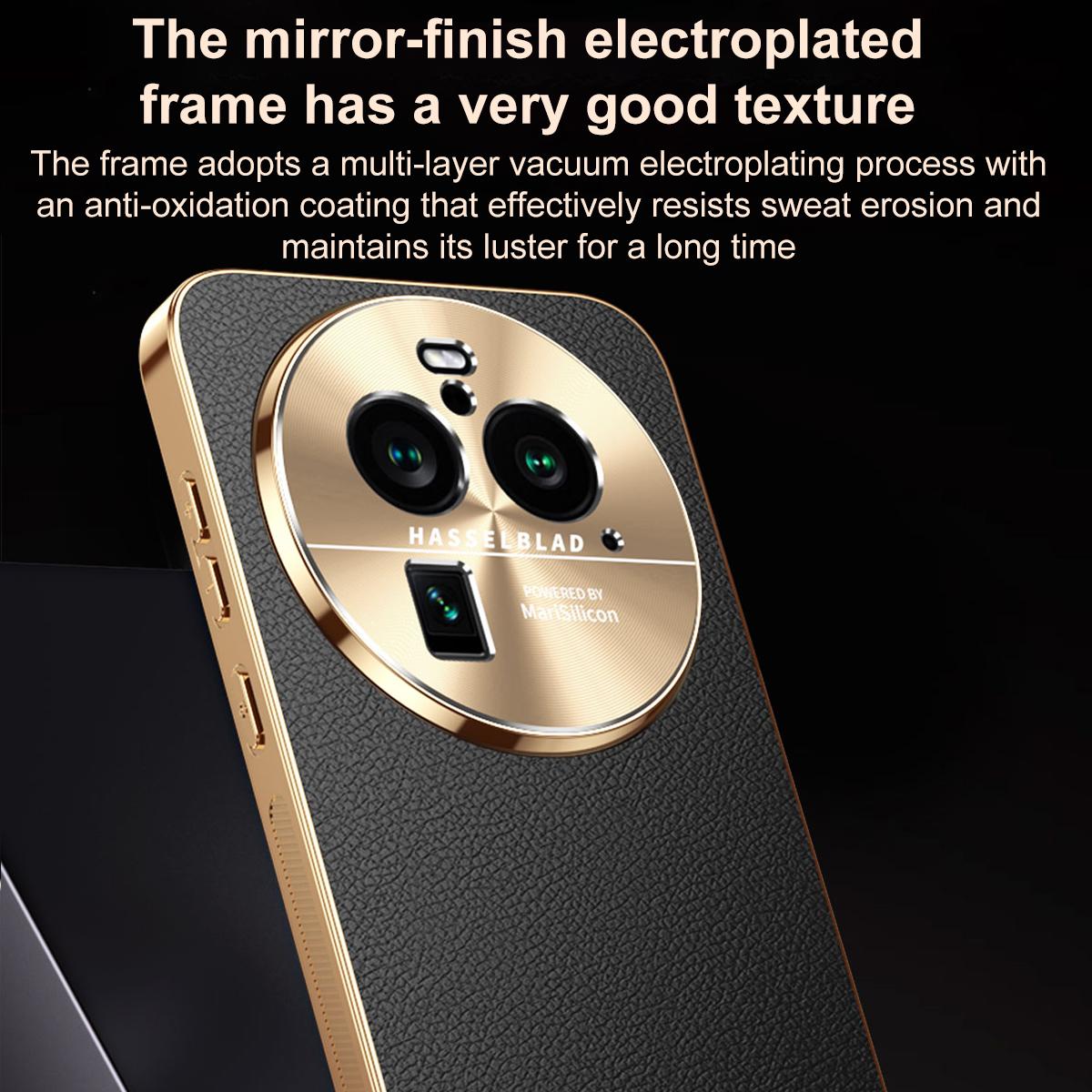 For OPPO Find X6 Pro Electroplated Frame Litchi Texture PC + TPU Vegan Leather Phone Case - Brown - EDA009677002E