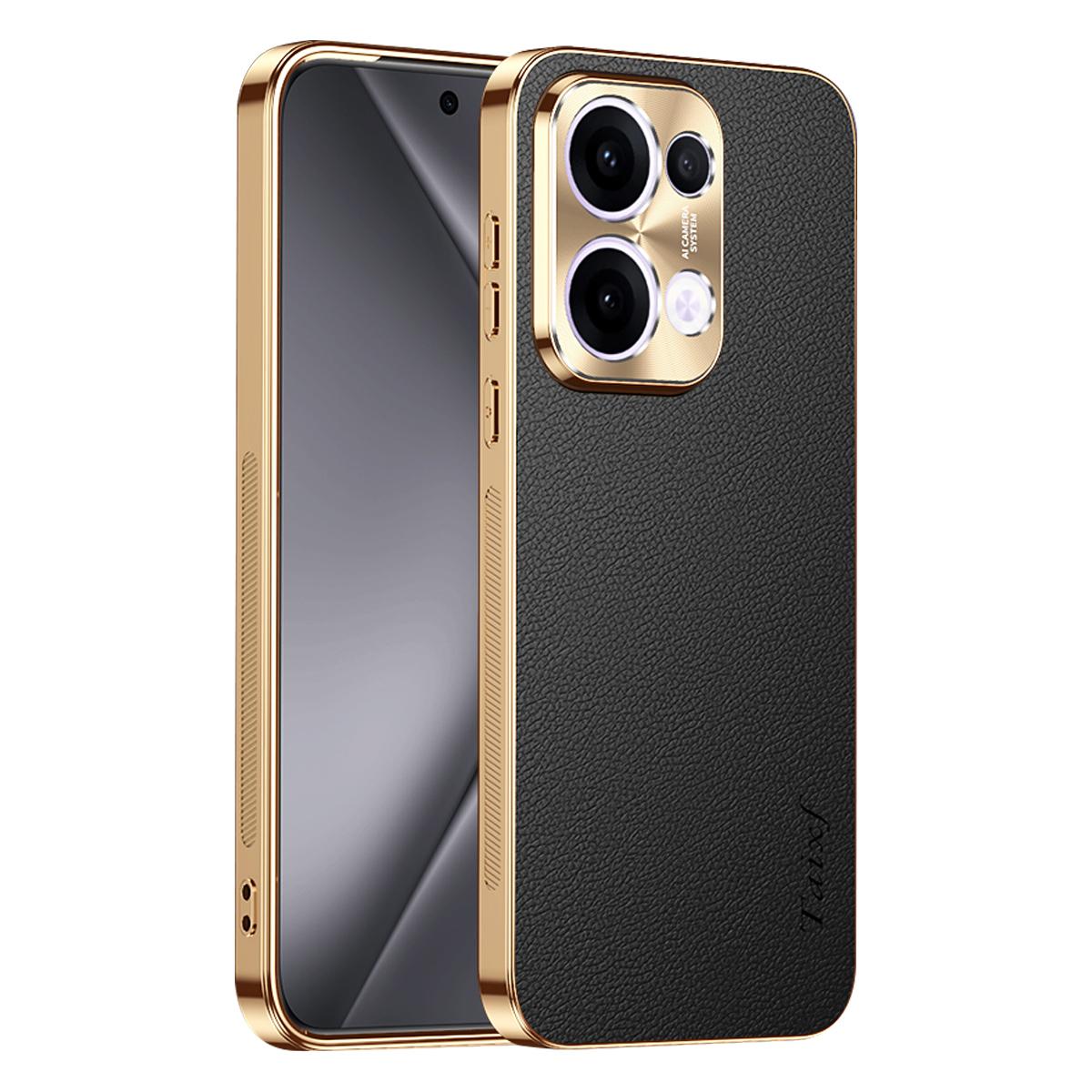 For OPPO Reno13 Global Electroplated Frame Litchi Texture PC + TPU Vegan Leather Phone Case - Black - EDA009677012A