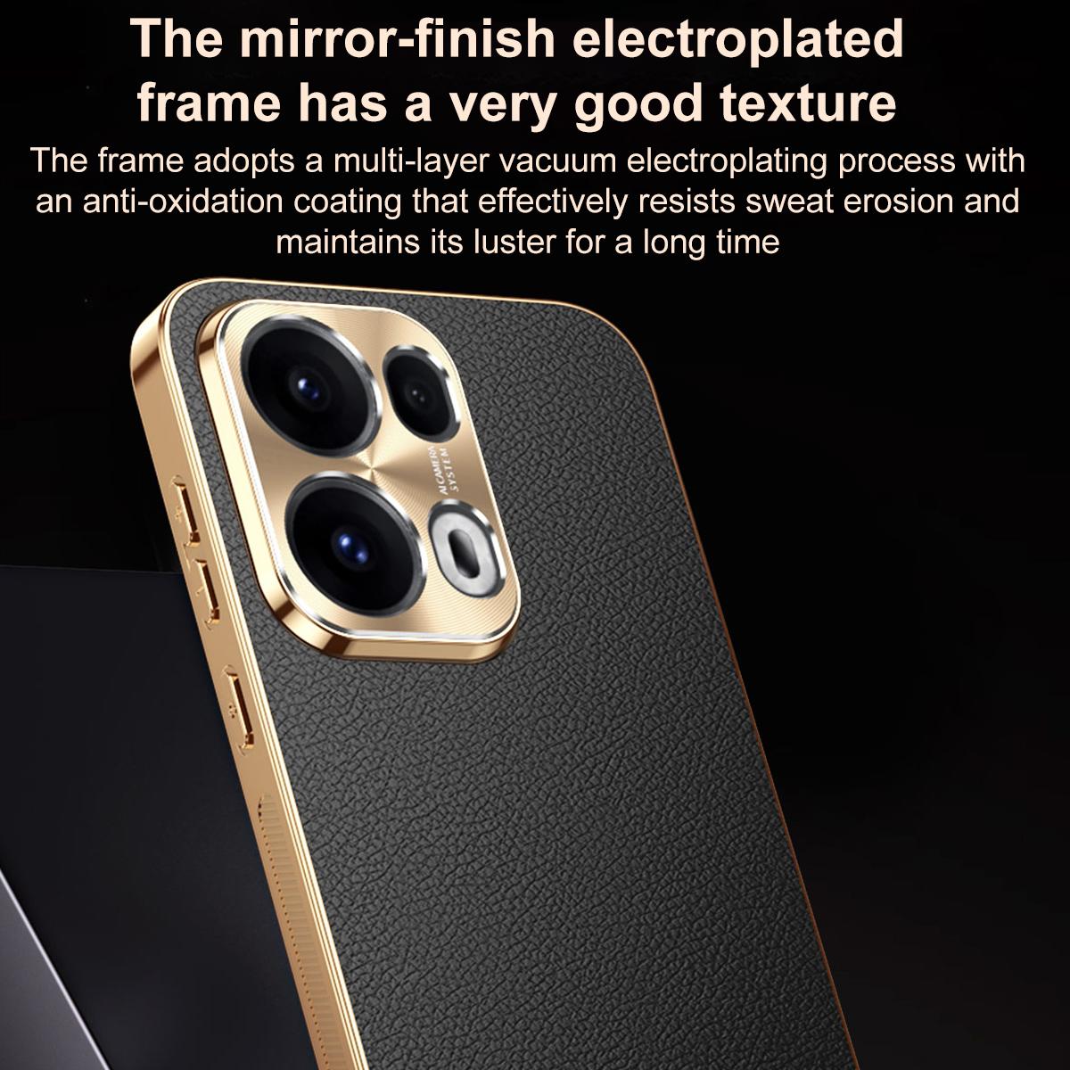 For OPPO Reno13 Global Electroplated Frame Litchi Texture PC + TPU Vegan Leather Phone Case - Black - EDA009677012A