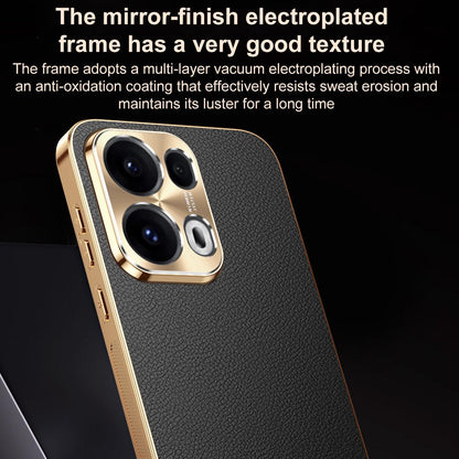 For OPPO Reno13 Global Electroplated Frame Litchi Texture PC + TPU Vegan Leather Phone Case - Black - EDA009677012A