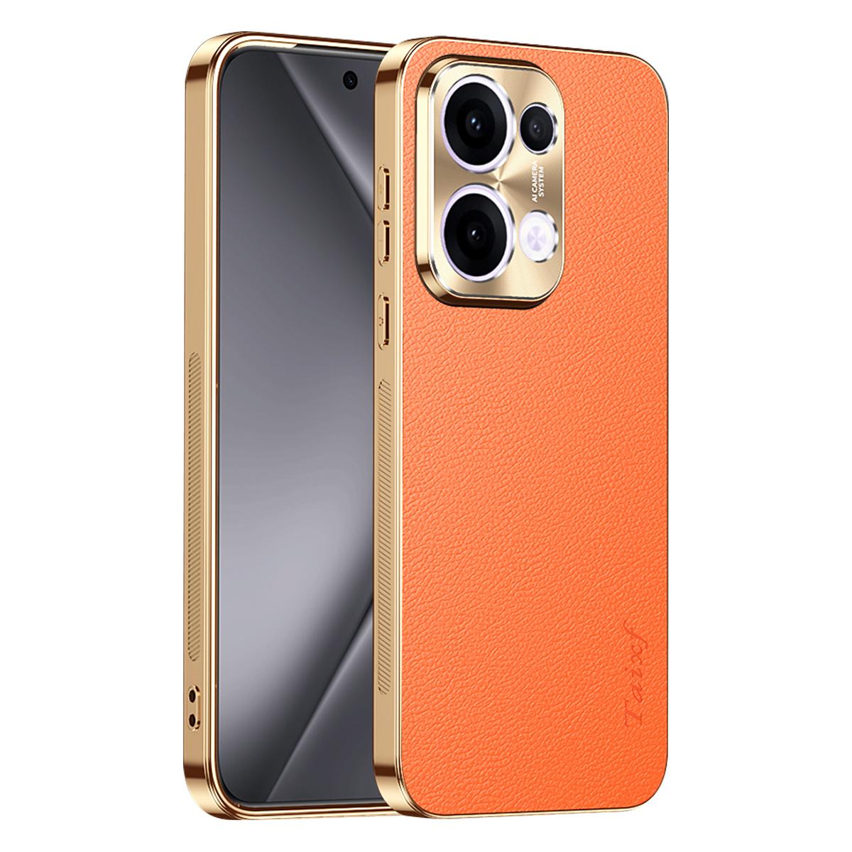 For OPPO Reno13 Global Electroplated Frame Litchi Texture PC + TPU Vegan Leather Phone Case - Orange - EDA009677012B