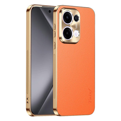 For OPPO Reno13 Global Electroplated Frame Litchi Texture PC + TPU Vegan Leather Phone Case - Orange - EDA009677012B