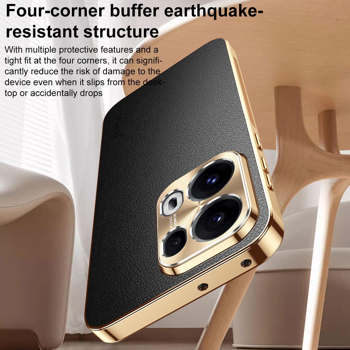 For OPPO Reno13 Global Electroplated Frame Litchi Texture PC + TPU Vegan Leather Phone Case - Orange - EDA009677012B