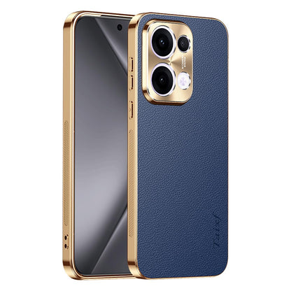 For OPPO Reno13 Global Electroplated Frame Litchi Texture PC + TPU Vegan Leather Phone Case - Blue - EDA009677012C