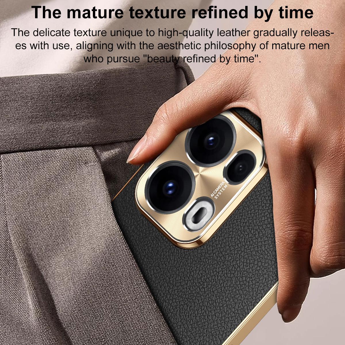 For OPPO Reno13 Global Electroplated Frame Litchi Texture PC + TPU Vegan Leather Phone Case - Red - EDA009677012D