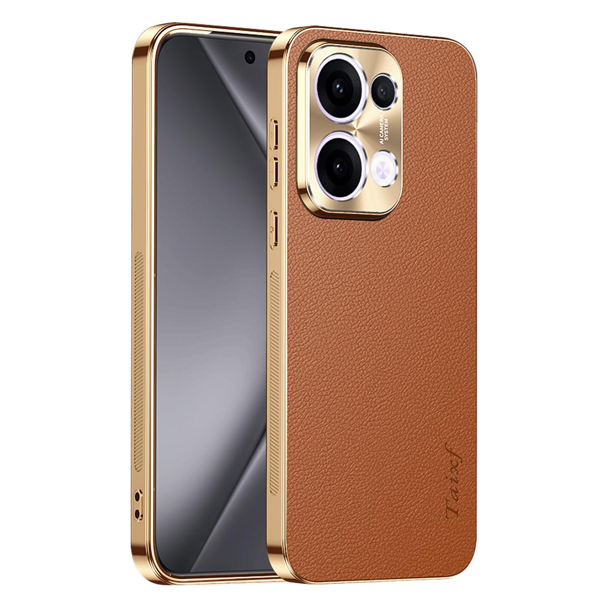 For OPPO Reno13 Global Electroplated Frame Litchi Texture PC + TPU Vegan Leather Phone Case - Brown - EDA009677012E