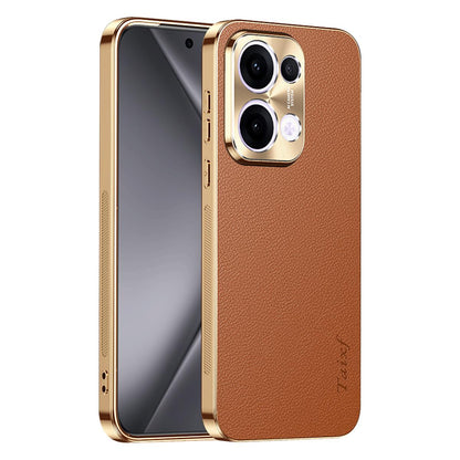 For OPPO Reno13 Global Electroplated Frame Litchi Texture PC + TPU Vegan Leather Phone Case - Brown - EDA009677012E