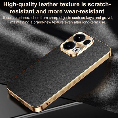 For OPPO Reno13 Global Electroplated Frame Litchi Texture PC + TPU Vegan Leather Phone Case - Brown - EDA009677012E