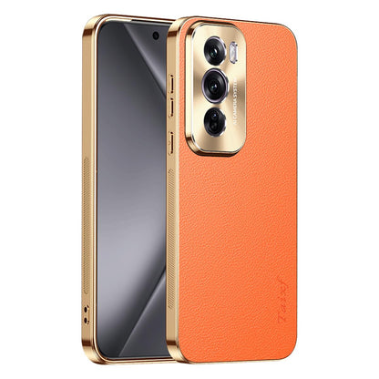 For OPPO Reno12 Pro Global Electroplated Frame Litchi Texture PC + TPU Vegan Leather Phone Case - Orange - EDA009677013B