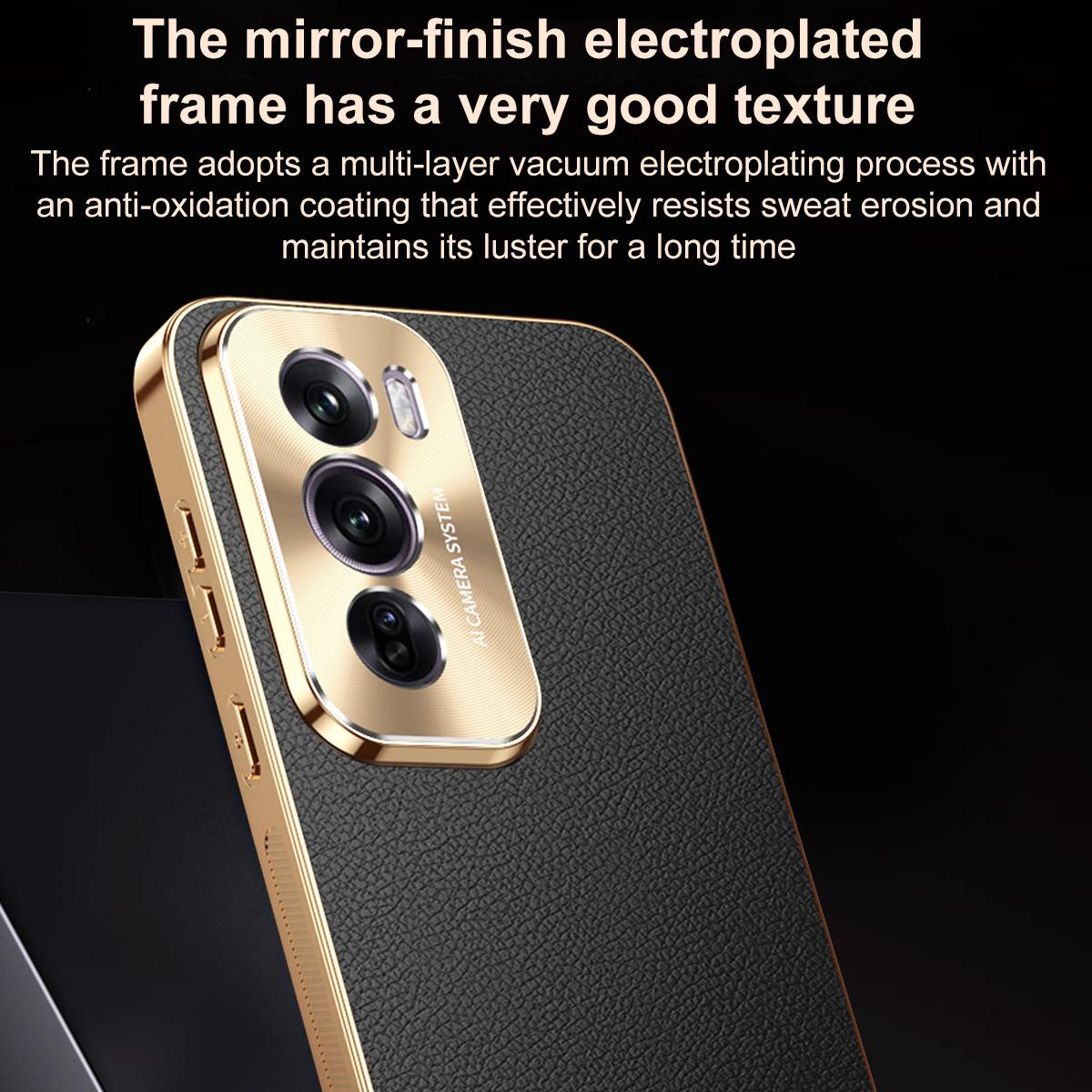 For OPPO Reno12 Pro Global Electroplated Frame Litchi Texture PC + TPU Vegan Leather Phone Case - Blue - EDA009677013C