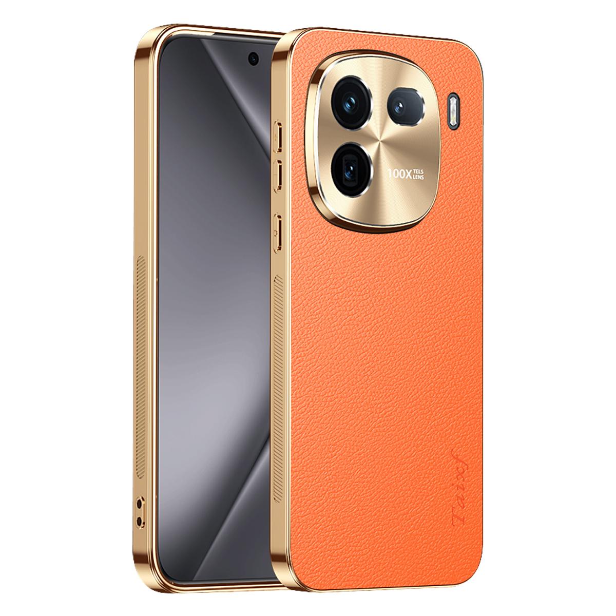 For vivo iQOO 12 Electroplated Frame Litchi Texture PC + TPU Vegan Leather Phone Case - Orange - EDA009677401B