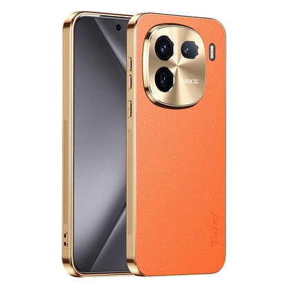 For vivo iQOO 12 Electroplated Frame Litchi Texture PC + TPU Vegan Leather Phone Case - Orange - EDA009677401B