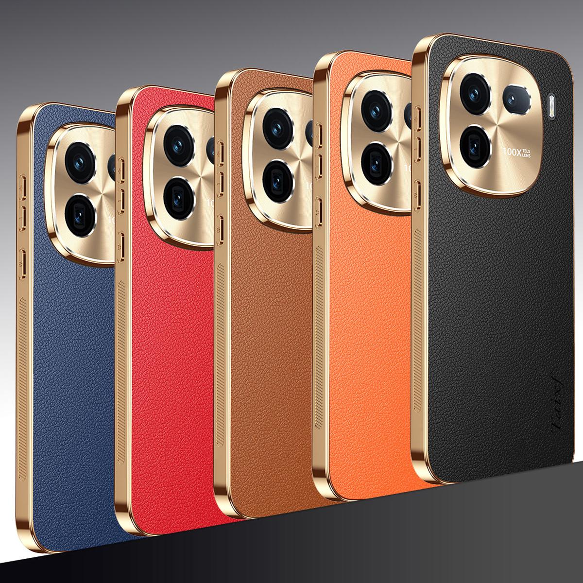 For vivo iQOO 12 Electroplated Frame Litchi Texture PC + TPU Vegan Leather Phone Case - Orange - EDA009677401B