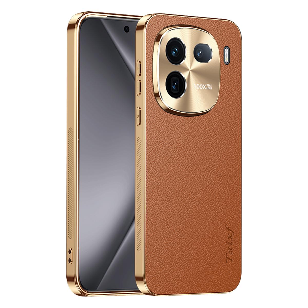 For vivo iQOO 12 Electroplated Frame Litchi Texture PC + TPU Vegan Leather Phone Case - Brown - EDA009677401E